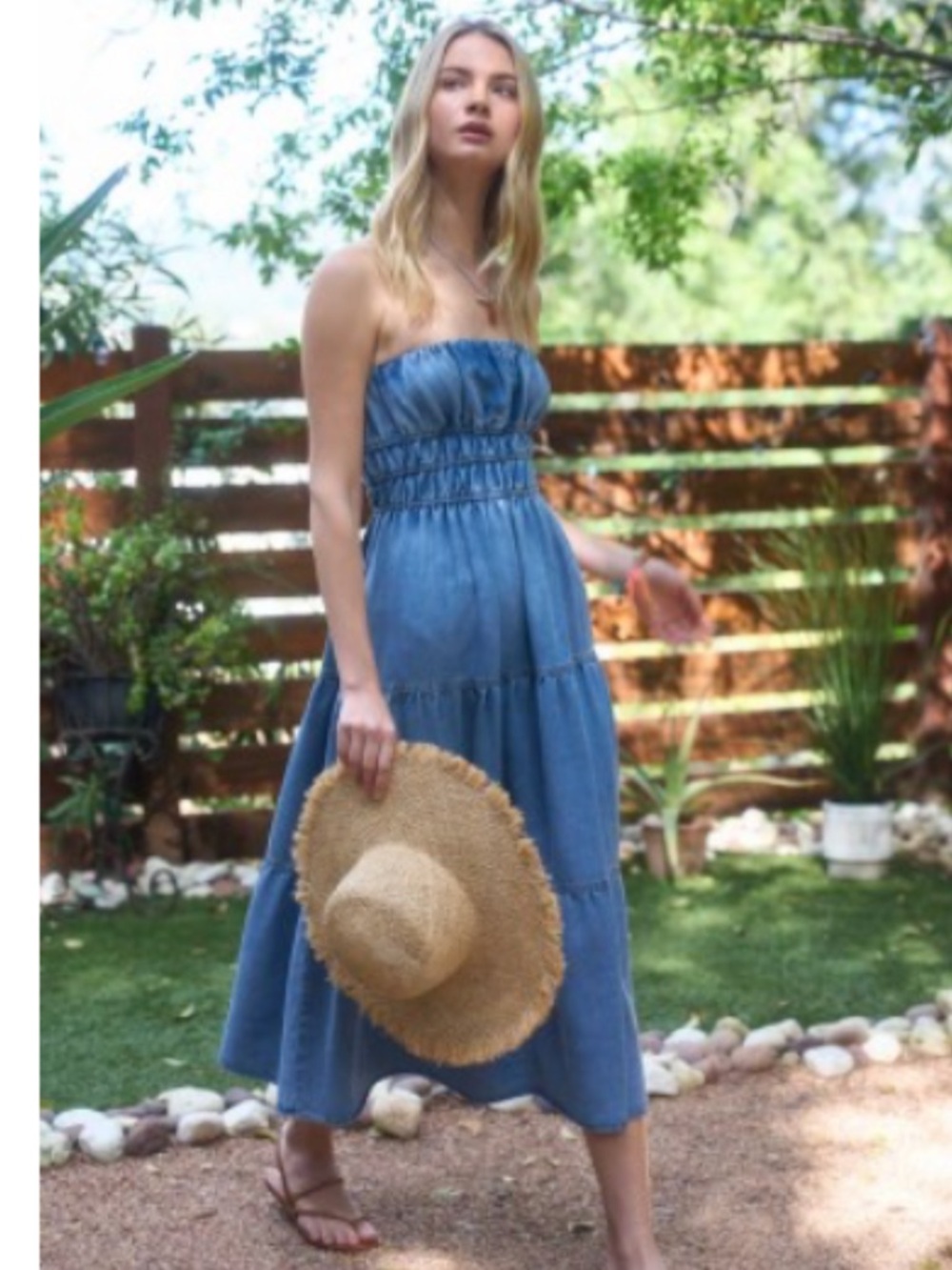 401. Strapless shirred tiered denim midi strapless dress